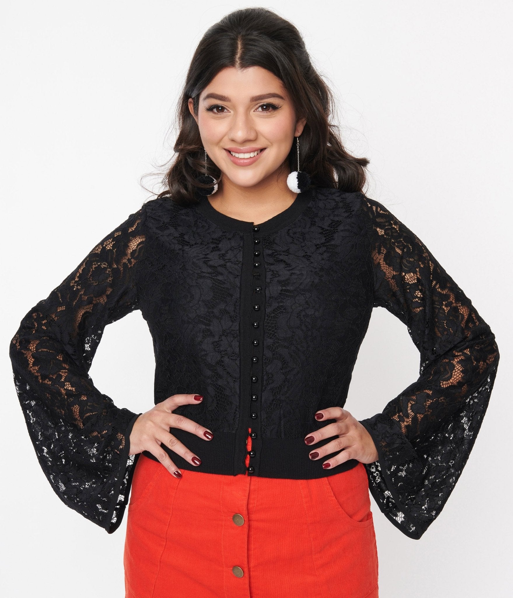 Black Floral Lace Bell Sleeve Cardigan - Unique Vintage - Womens, TOPS, SWEATERS