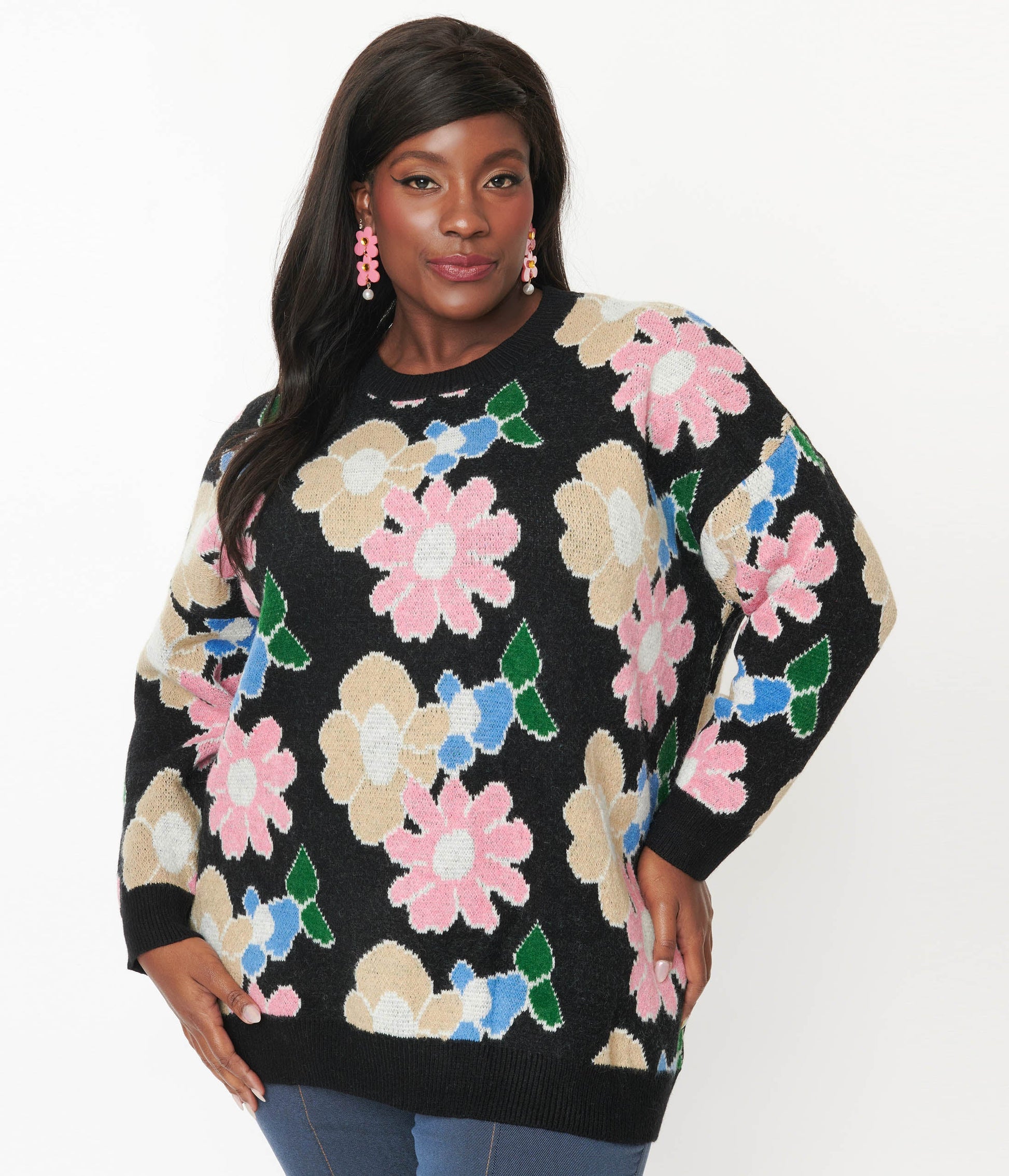 Black Floral Pullover Sweater - Unique Vintage - Womens, TOPS, SWEATERS