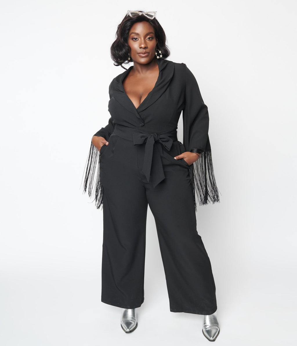 Black Fringe Belted Jumpsuit - Unique Vintage - Womens, BOTTOMS, ROMPERS AND JUMPSUITS