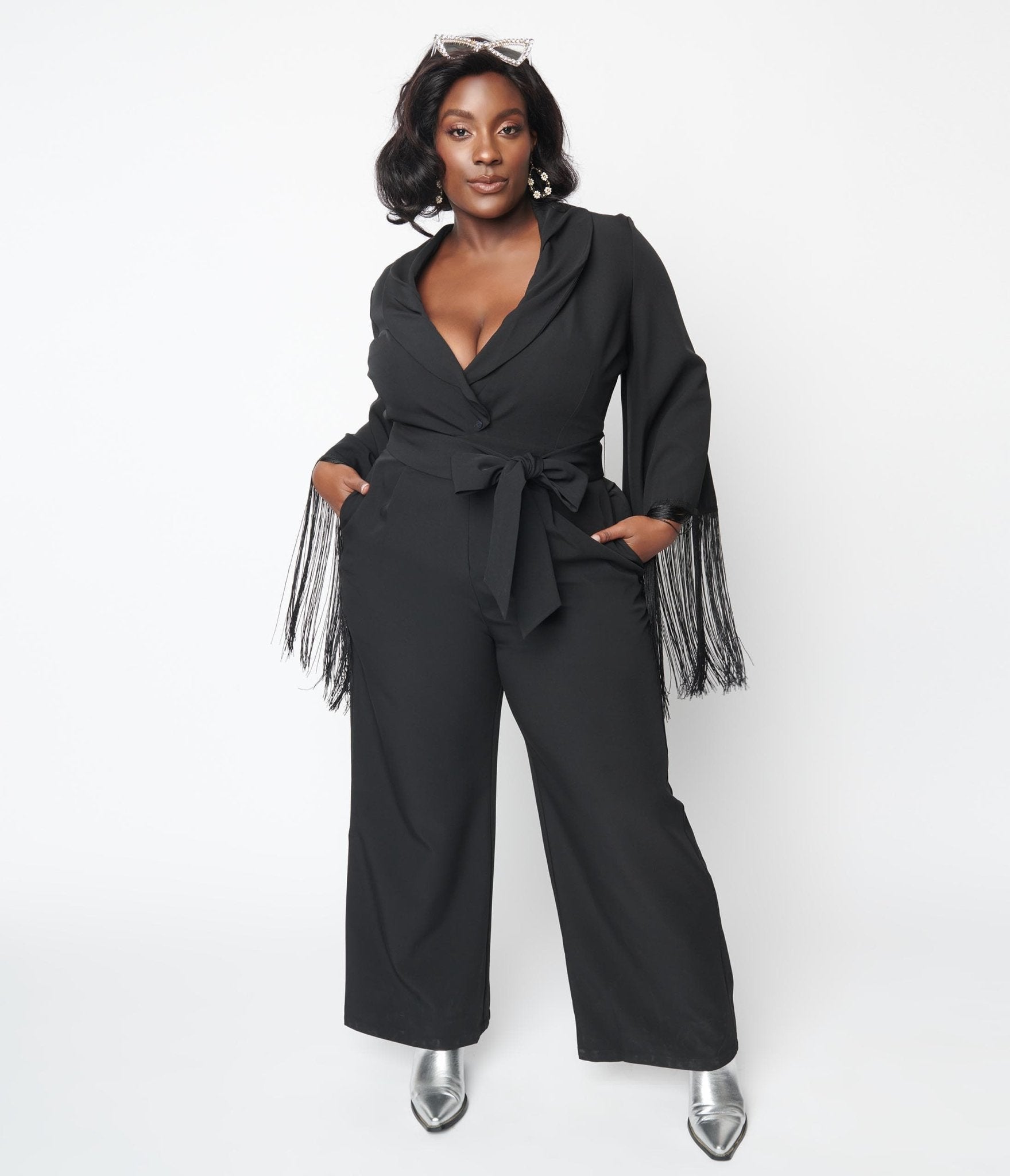 Black Fringe Belted Jumpsuit - Unique Vintage - Womens, BOTTOMS, ROMPERS AND JUMPSUITS