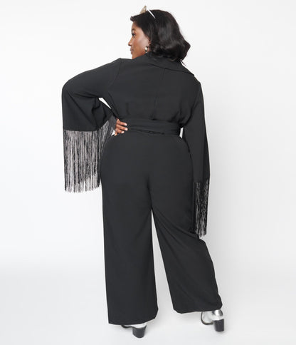 Black Fringe Belted Jumpsuit - Unique Vintage - Womens, BOTTOMS, ROMPERS AND JUMPSUITS
