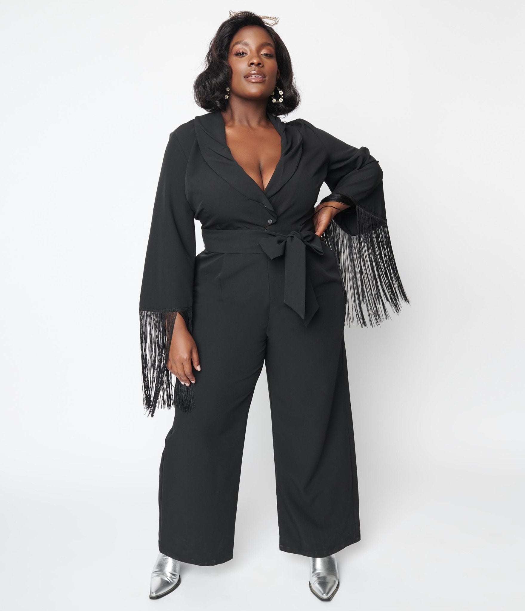 Black Fringe Belted Jumpsuit - Unique Vintage - Womens, BOTTOMS, ROMPERS AND JUMPSUITS