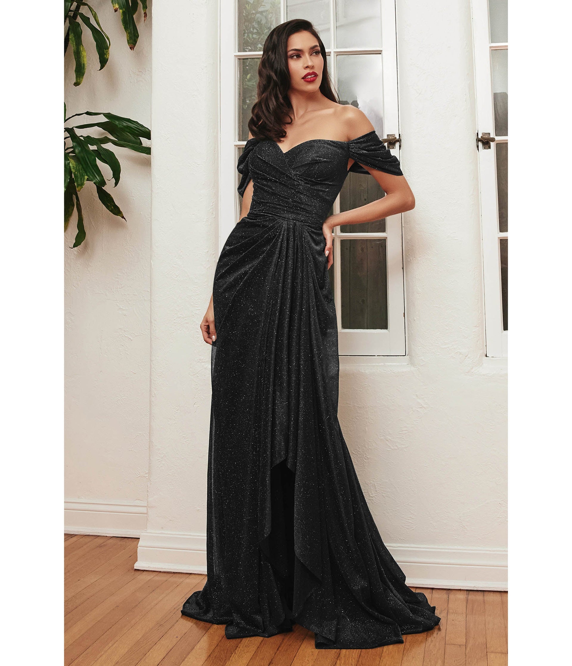 Black Glitter Draped Off The Shoulder Prom Dress - Unique Vintage - Womens, DRESSES, PROM AND SPECIAL OCCASION