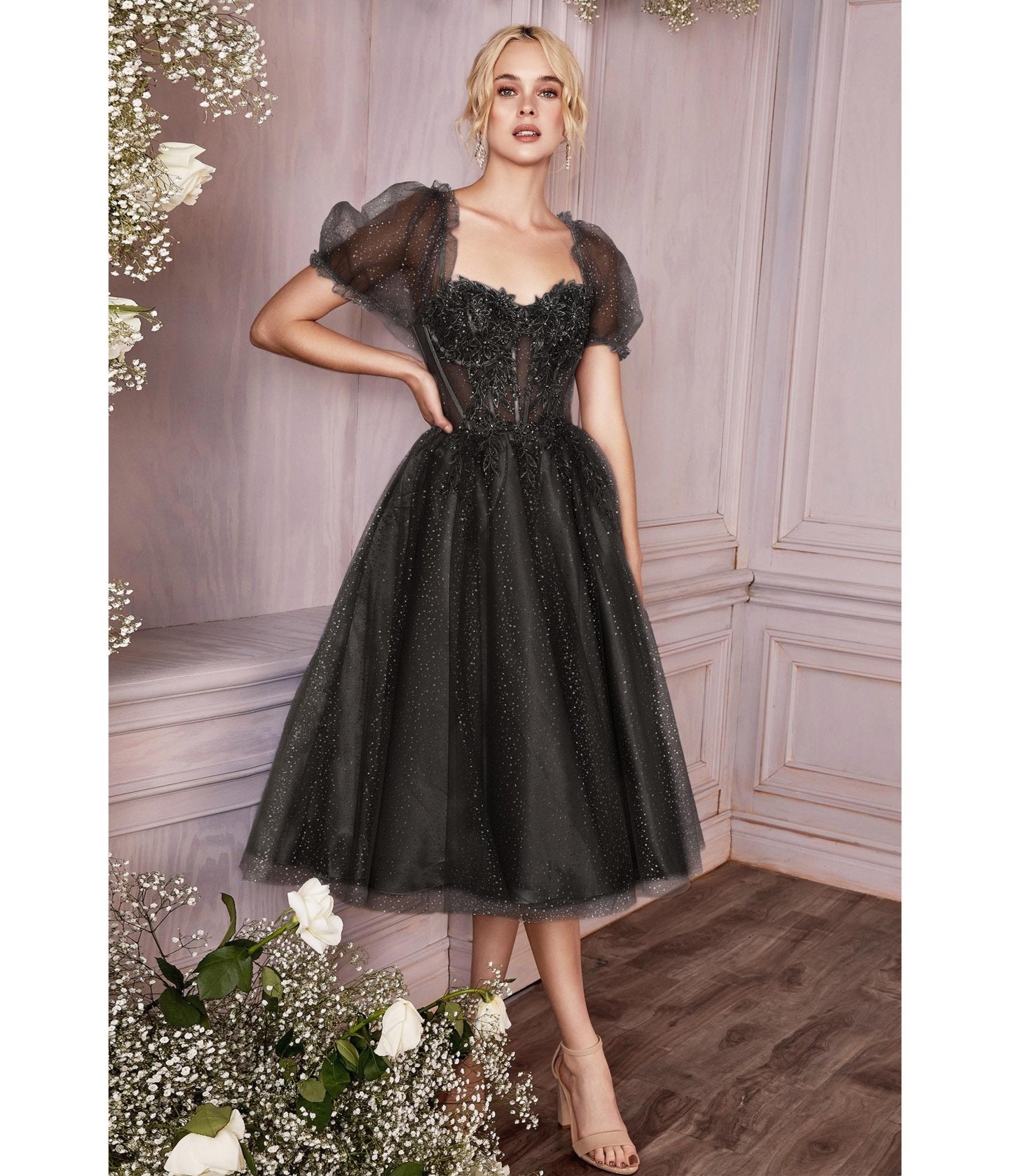 Cinderella Divine Black Glitter Floral Swing Prom Dress – Unique