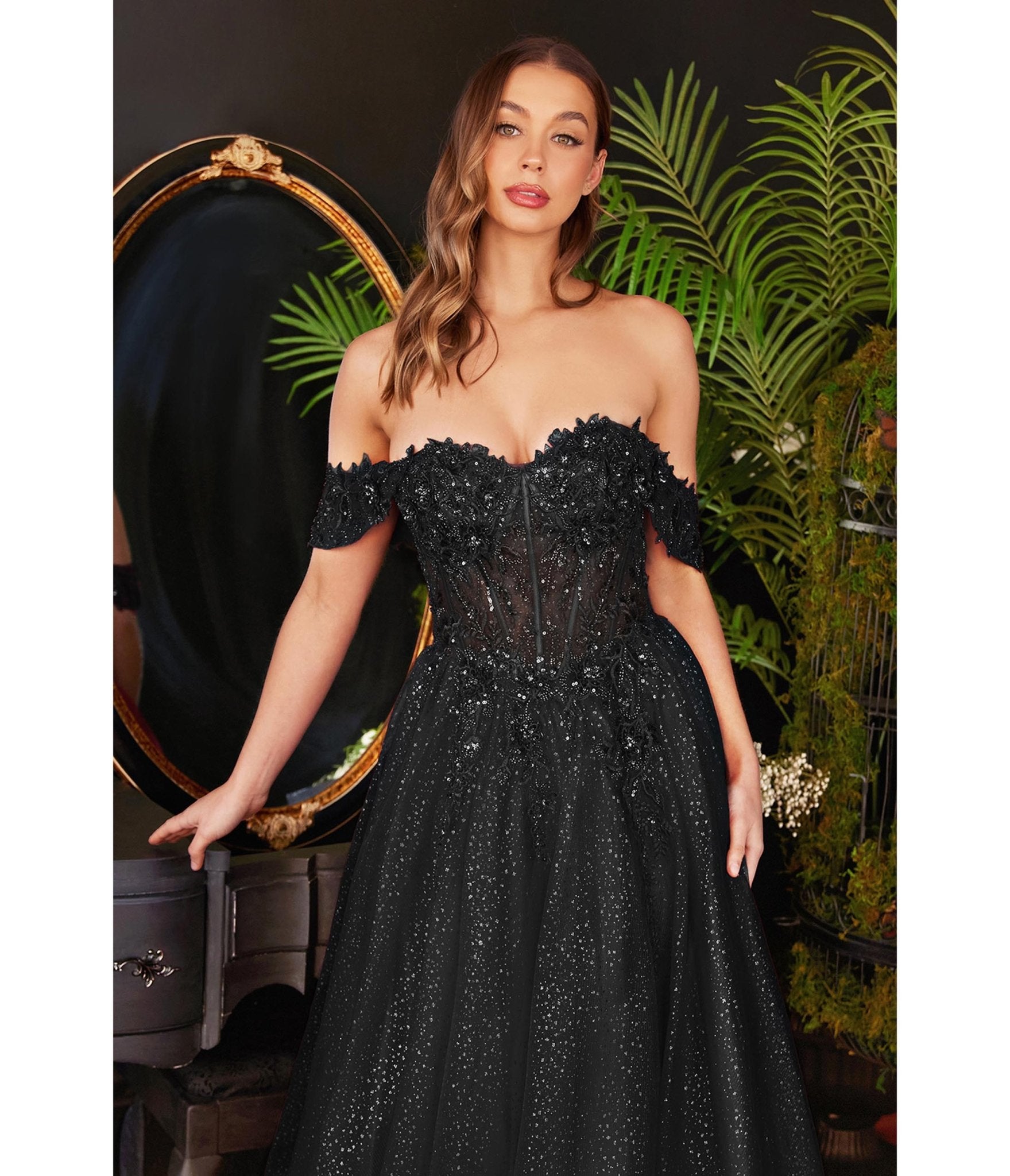 Black Glitter Lace & Tulle Embellished Off The Shoulder Prom Gown - Unique Vintage - Womens, DRESSES, PROM AND SPECIAL OCCASION