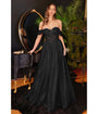 Cinderella Divine  Black Glitter Lace & Tulle Embellished Off The Shoulder Prom Gown