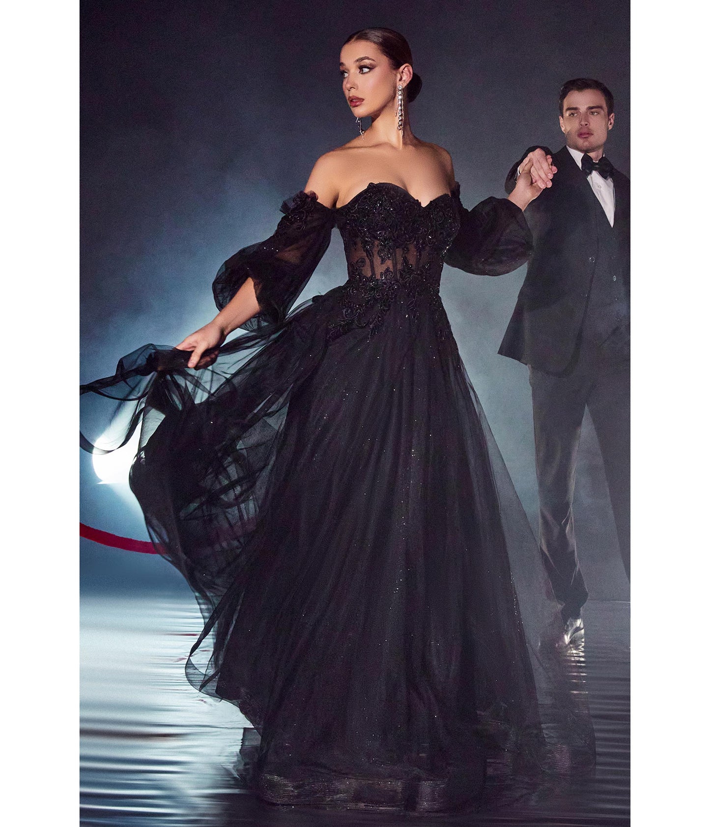 Black Glitter Off The Shoulder Corset Prom Gown - Unique Vintage - Womens, DRESSES, PROM AND SPECIAL OCCASION