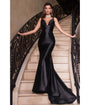 Cinderella Divine  Black Glitter Satin Plunging Mermaid Gown