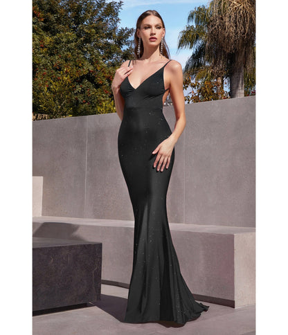 Black Glitter Satin Sultry Fitted Evening Dress - Unique Vintage - Womens, DRESSES, PROM AND SPECIAL OCCASION