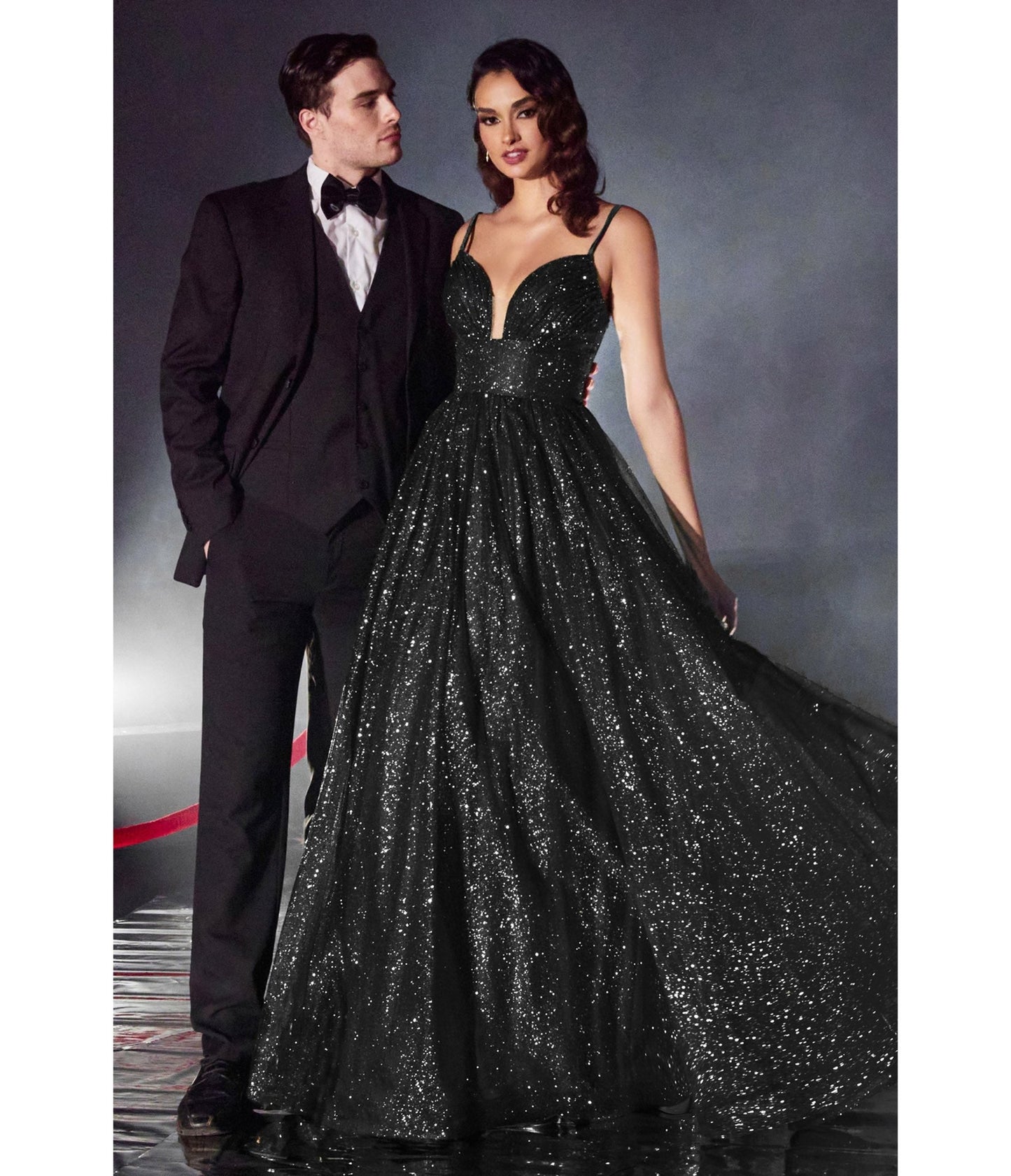 Black Glitter Sleeveless Ball Gown - Unique Vintage - Womens, DRESSES, PROM AND SPECIAL OCCASION