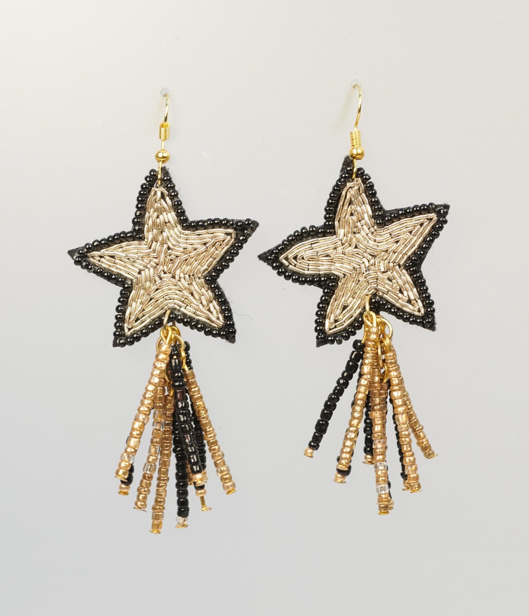 Black & Gold Beaded Star Earrings - Unique Vintage - Womens, ACCESSORIES, JEWELRY