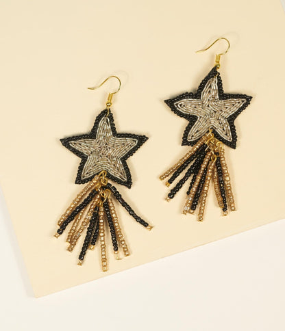 Black & Gold Beaded Star Earrings - Unique Vintage - Womens, ACCESSORIES, JEWELRY