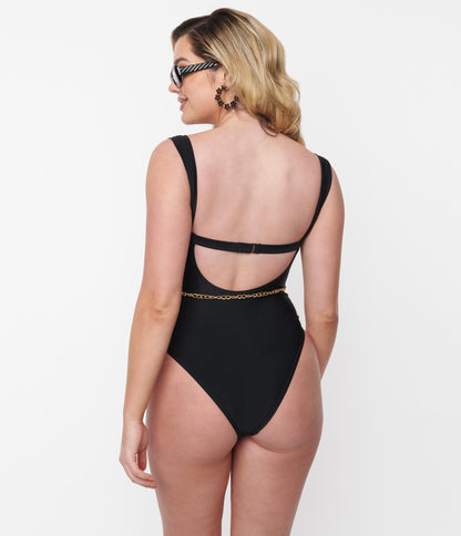 Black & Gold Chain Resort One Piece Swimsuit - Unique Vintage - Womens, SWIM, 1 PC