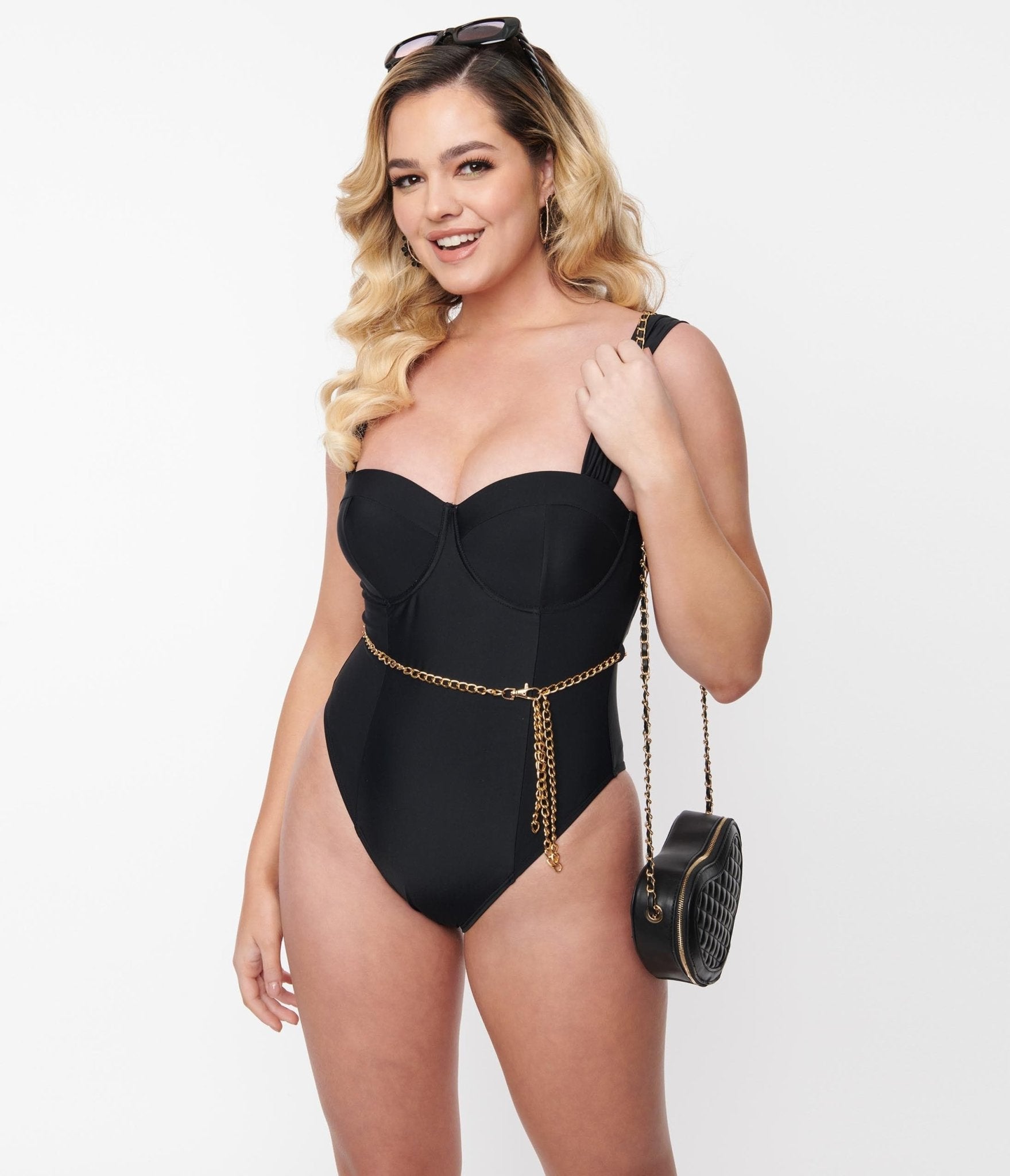 Black & Gold Chain Resort One Piece Swimsuit - Unique Vintage - Womens, SWIM, 1 PC