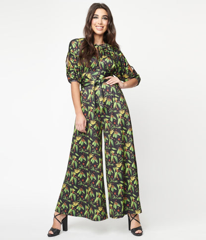 Black & Green Herbs Sojourn Jumpsuit - Unique Vintage - Womens, BOTTOMS, ROMPERS AND JUMPSUITS