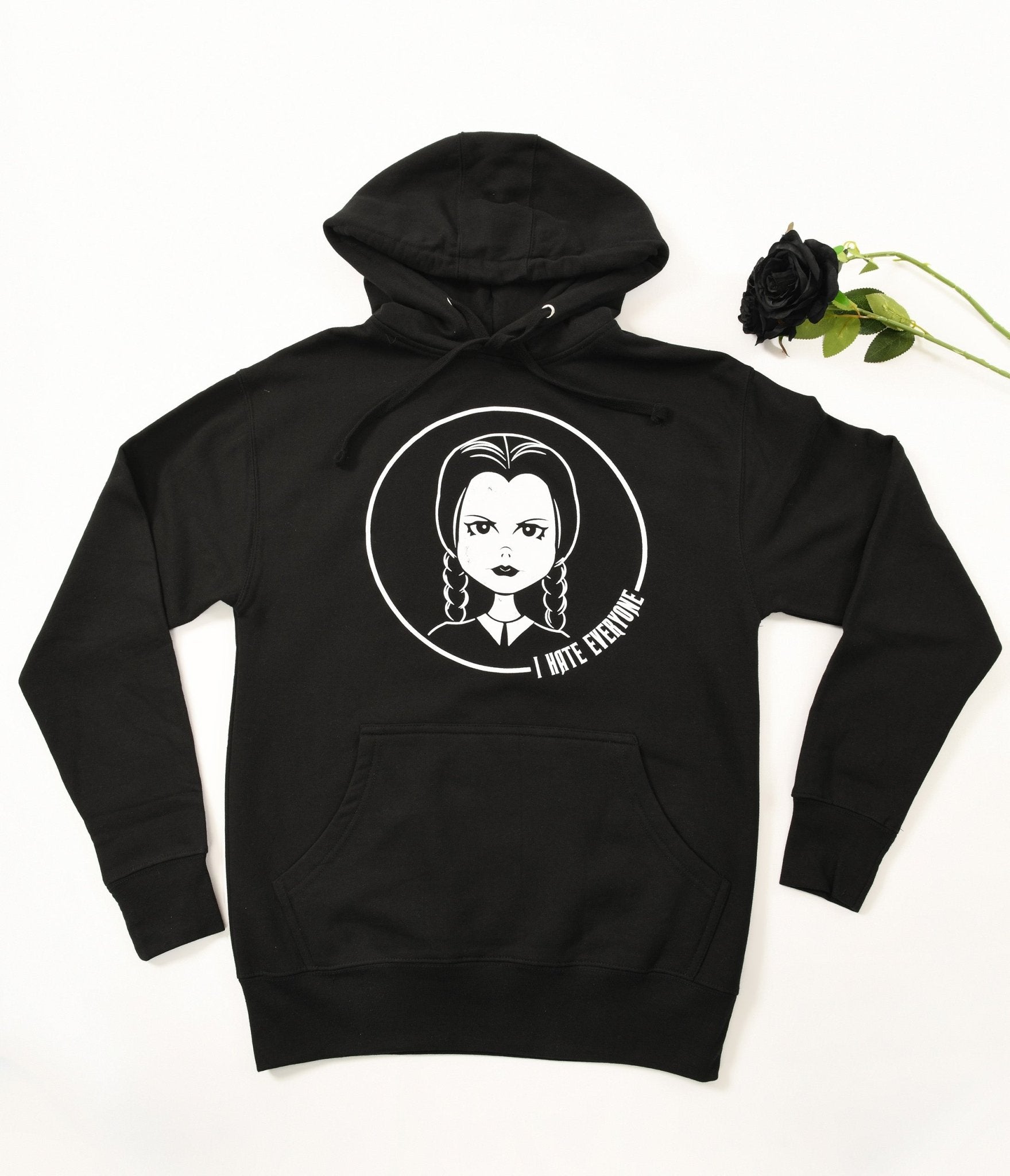 Black I Hate Everyone Wednesday Unisex Pullover Hoodie - Unique Vintage - Womens, HALLOWEEN, GRAPHIC TEES