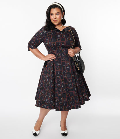 Black Kitty Cat Checkered Swing Dress – Unique Vintage