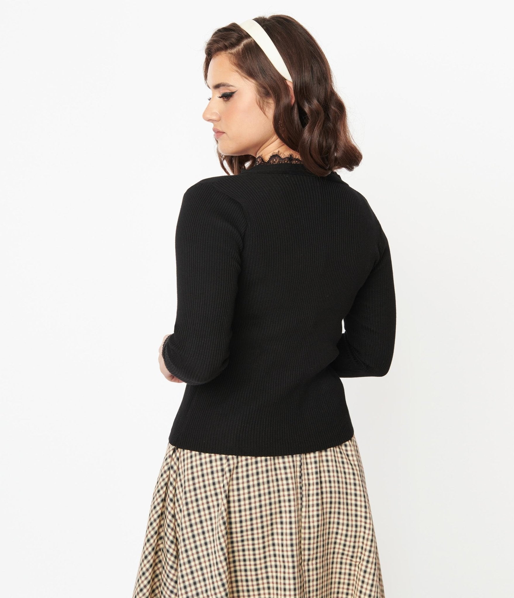 Black Lace Collar Cardigan - Unique Vintage - Womens, TOPS, SWEATERS