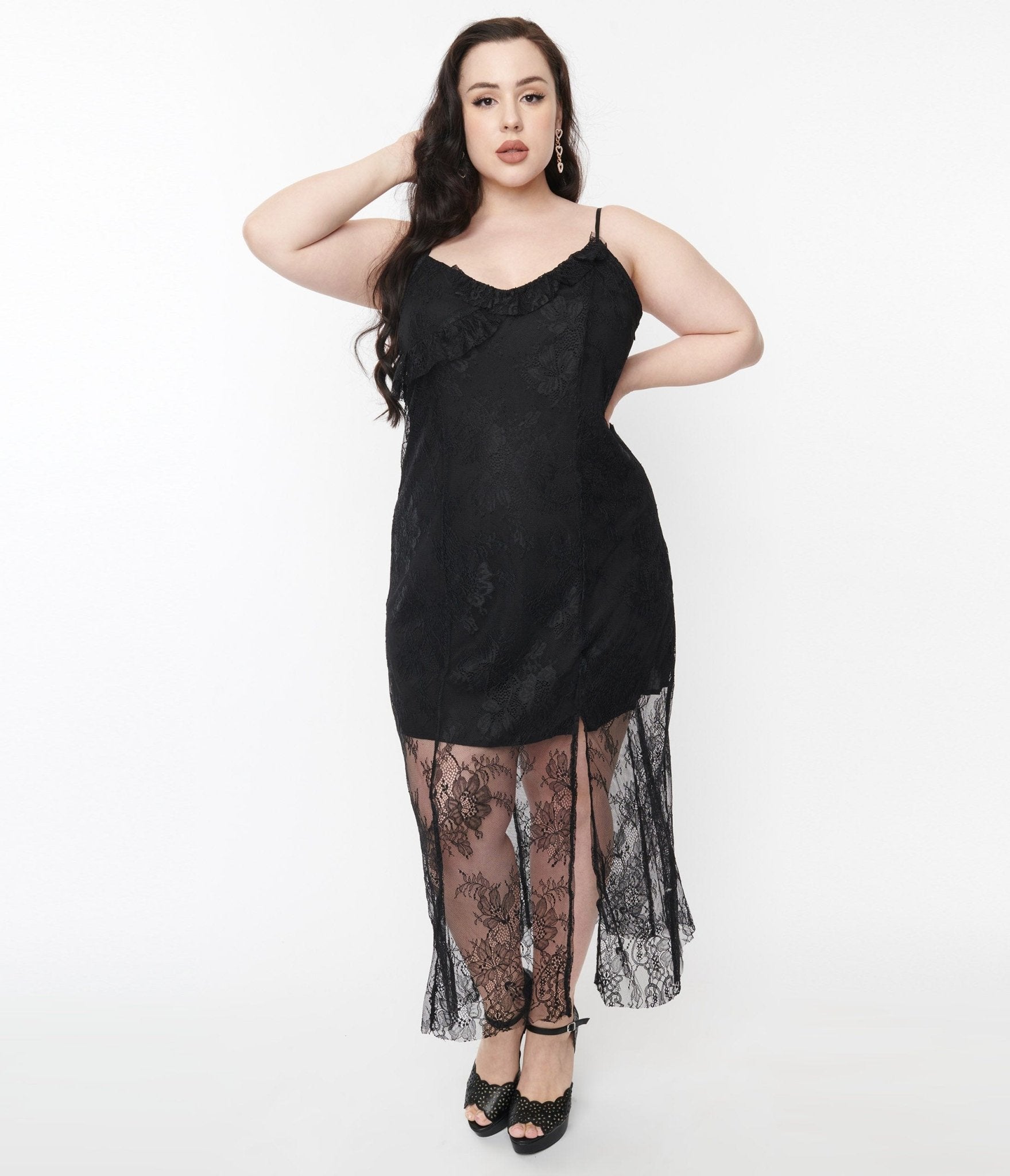 Black Lace Ruffled Midi Dress - Unique Vintage - Womens, DRESSES, MIDI