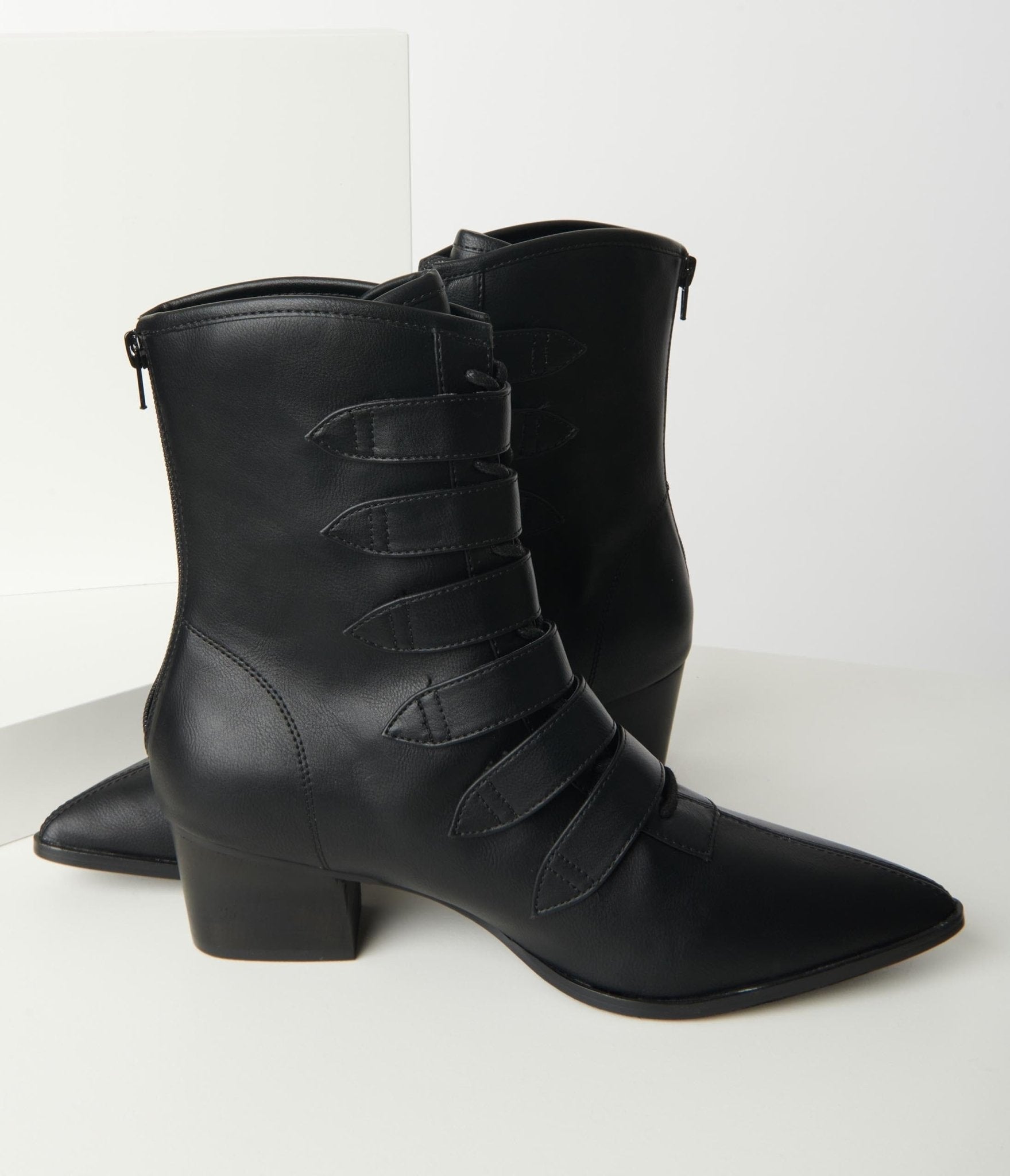 Black Leatherette Buckle Coven Boots - Unique Vintage - Womens, HALLOWEEN, SHOES