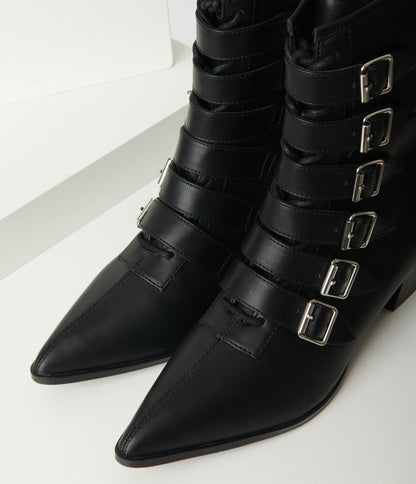 Black Leatherette Buckle Coven Boots - Unique Vintage - Womens, HALLOWEEN, SHOES