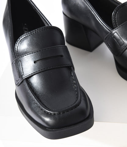 Black Leatherette Chunky Heel Loafers - Unique Vintage - Womens, SHOES, HEELS