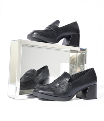 Black Leatherette Chunky Heel Loafers - Unique Vintage - Womens, SHOES, HEELS