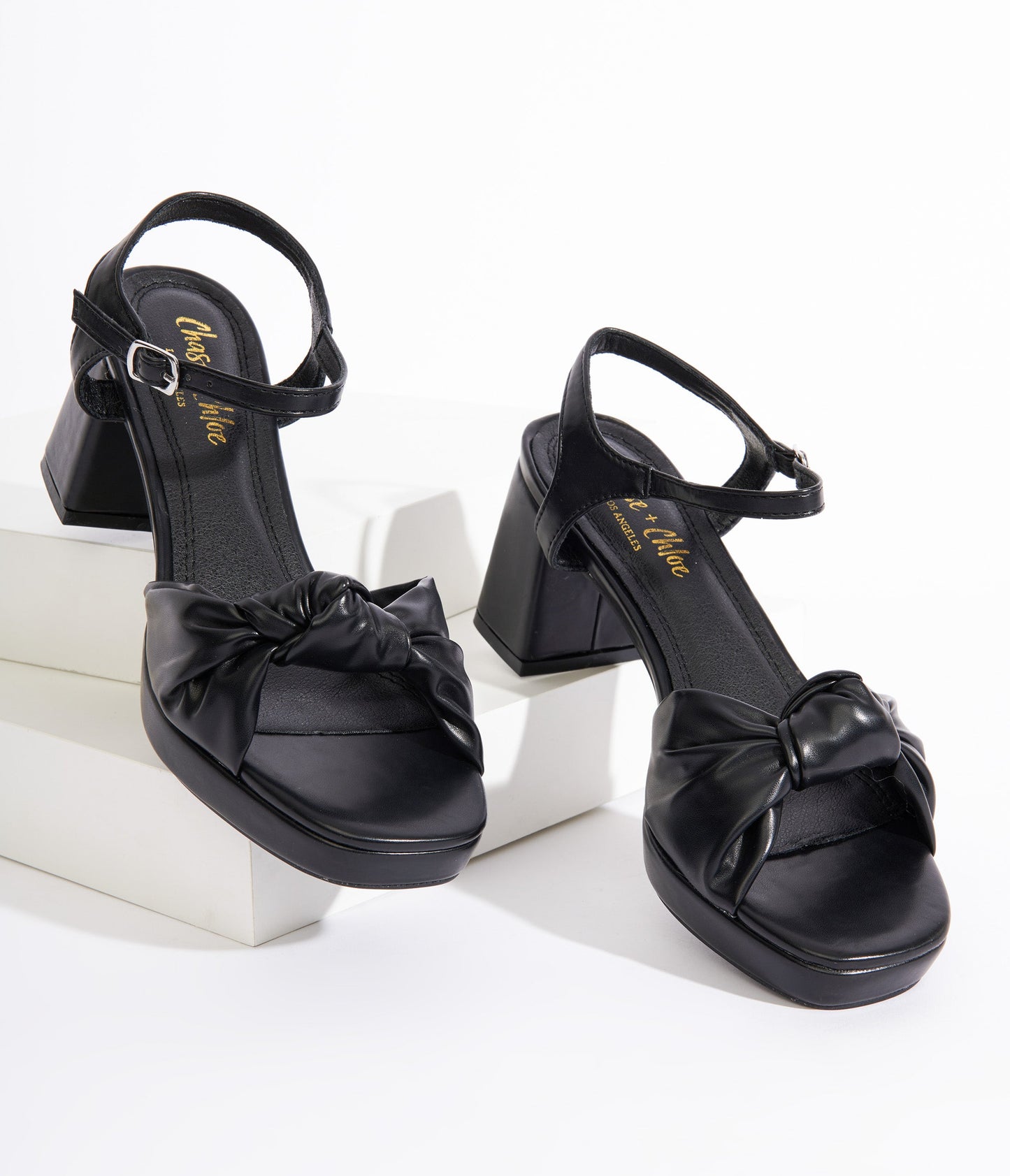Black Leatherette Chunky Heels - Unique Vintage - Womens, SHOES, HEELS