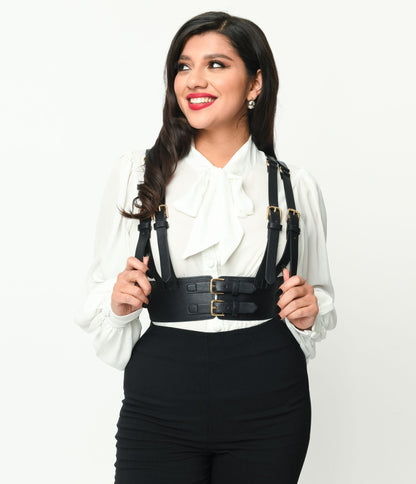 Black Leatherette Dual Suspender Belt - Unique Vintage - Womens, ACCESSORIES, BELTS