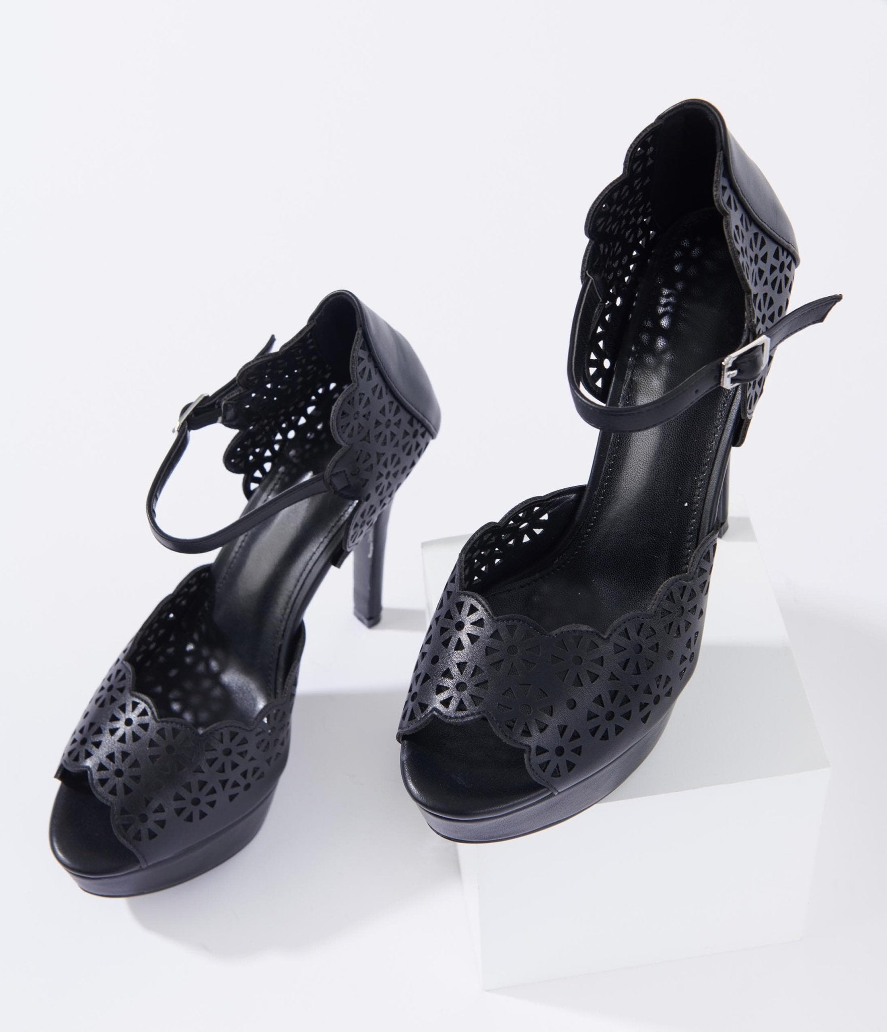 Black Leatherette Faux Lace Platform Heels - Unique Vintage - Womens, SHOES, HEELS