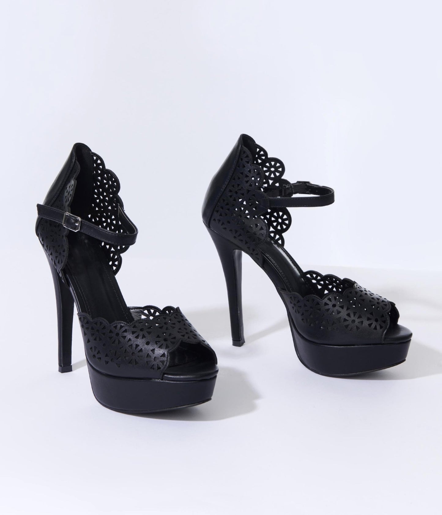 Black Leatherette Faux Lace Platform Heels - Unique Vintage - Womens, SHOES, HEELS