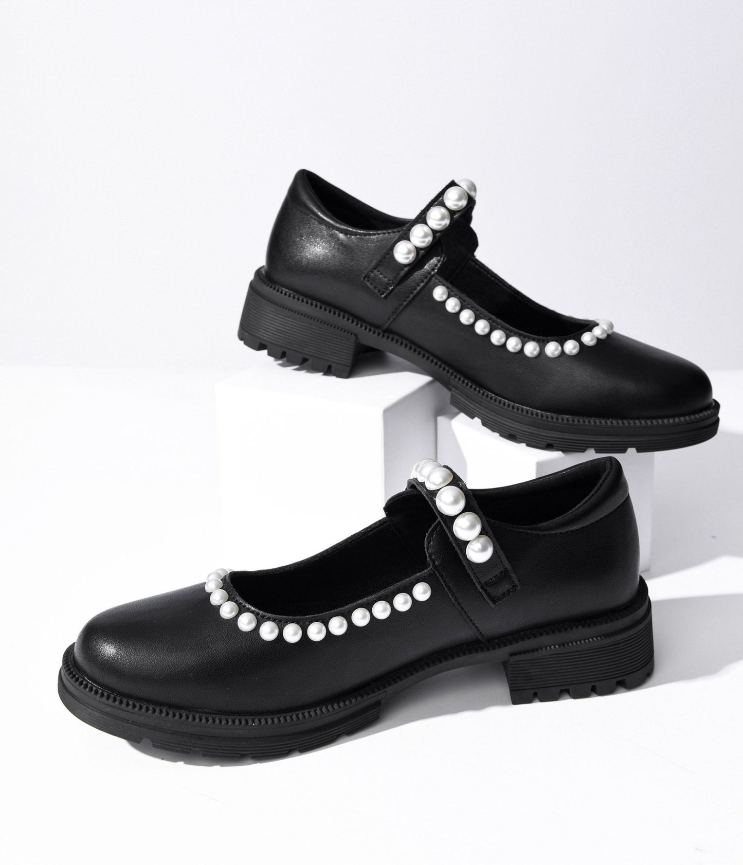 Black Leatherette & Pearl Mary Jane Flats - Unique Vintage - Womens, SHOES, FLATS