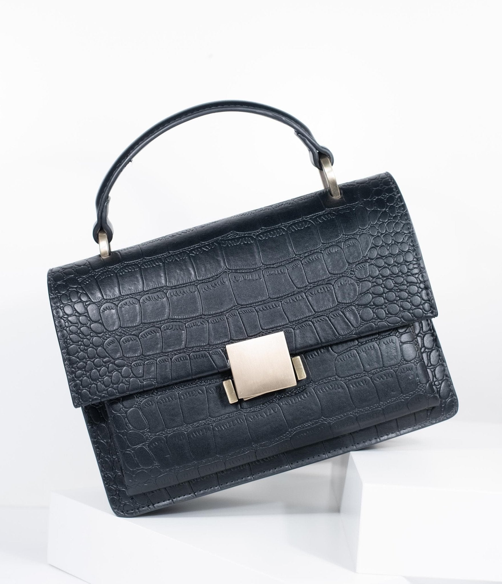 Black Leatherette Reptile Embossed Handbag - Unique Vintage - Womens, ACCESSORIES, HANDBAGS