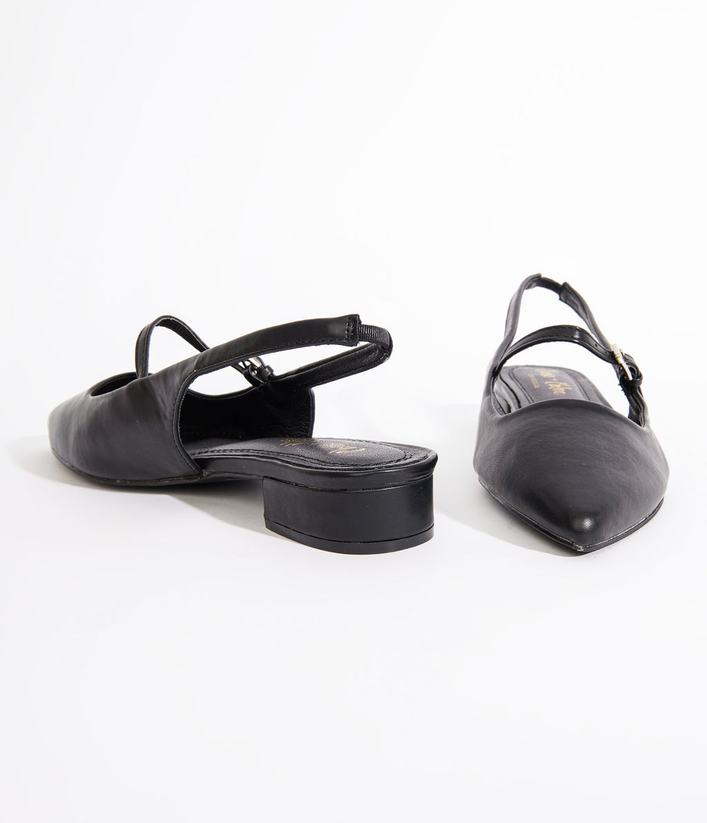 Black Leatherette Slingback Mary Jane Flats - Unique Vintage - Womens, SHOES, FLATS
