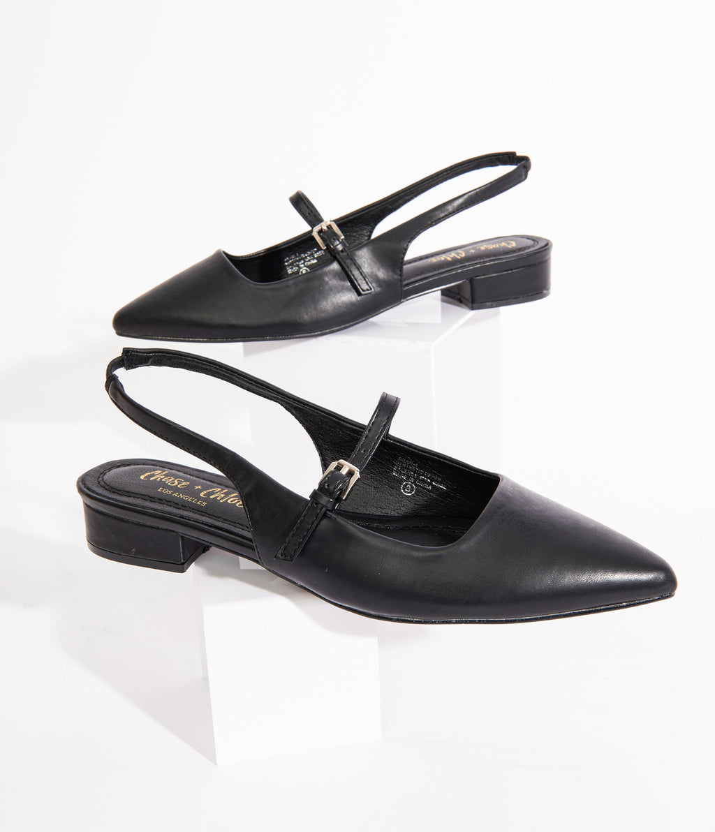 Black Leatherette Slingback Mary Jane Flats - Unique Vintage - Womens, SHOES, FLATS