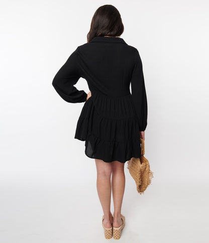 Black Long Sleeve Mini Dress - Unique Vintage - Womens, DRESSES, BABYDOLL