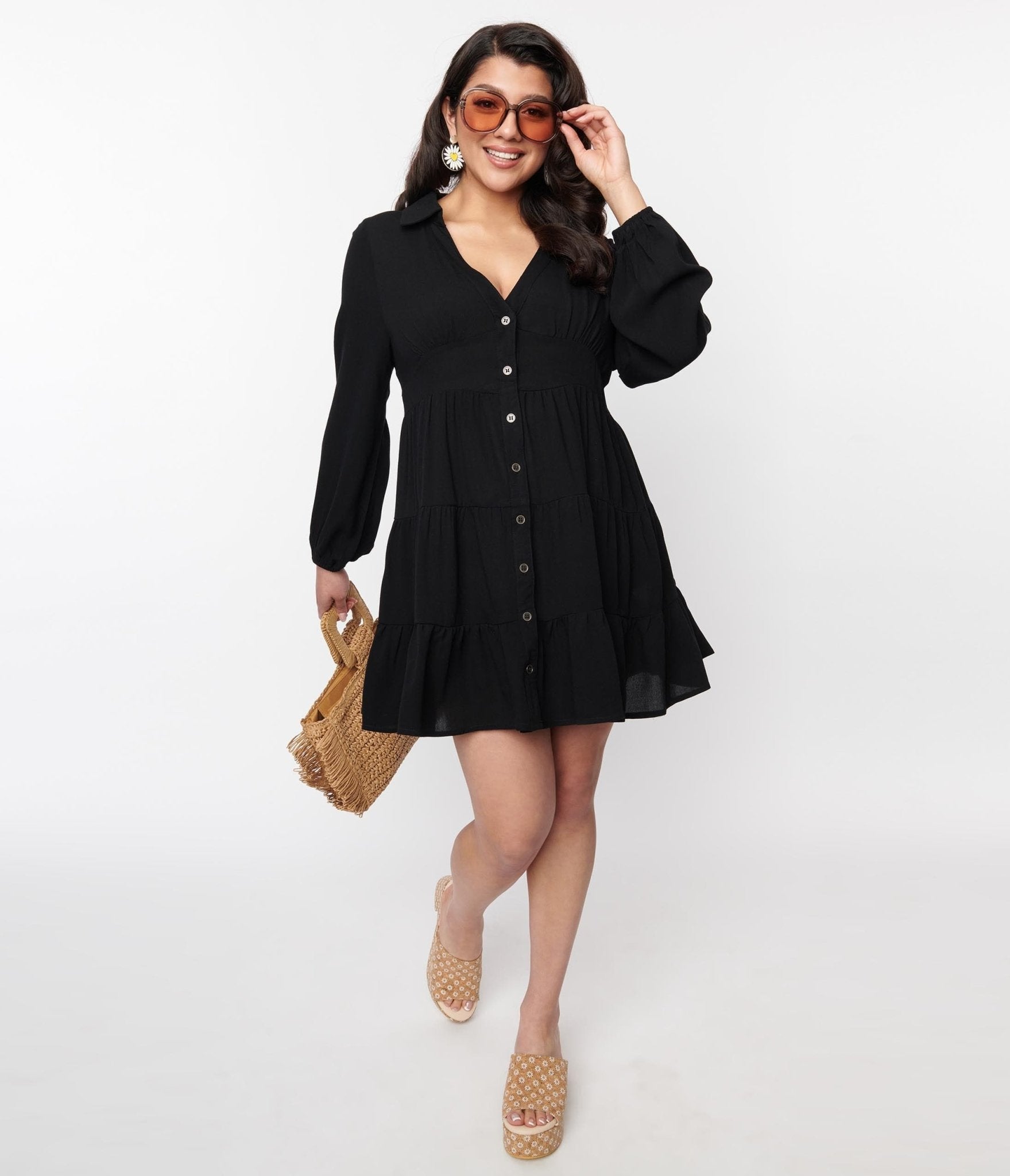 Black Long Sleeve Mini Dress - Unique Vintage - Womens, DRESSES, BABYDOLL