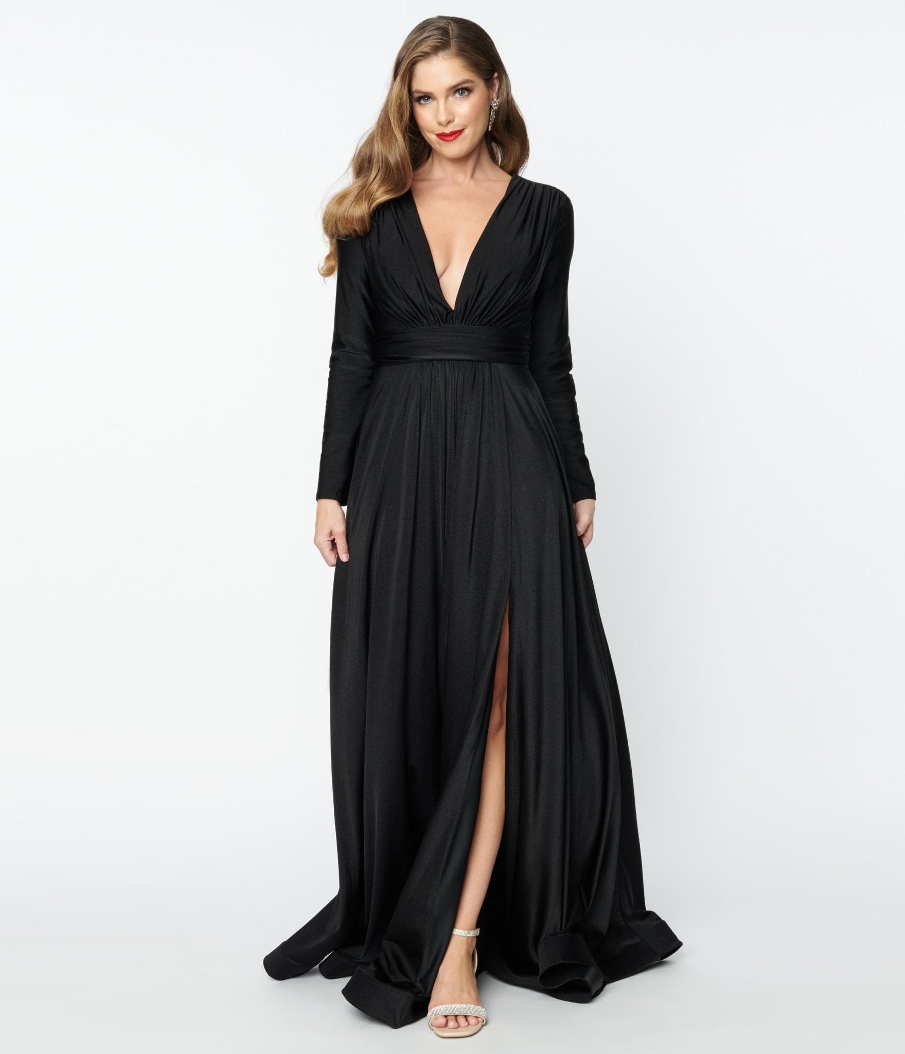 Black Long Sleeve Sophisticated Goddess Gown - Unique Vintage - Womens, DRESSES, PROM AND SPECIAL OCCASION