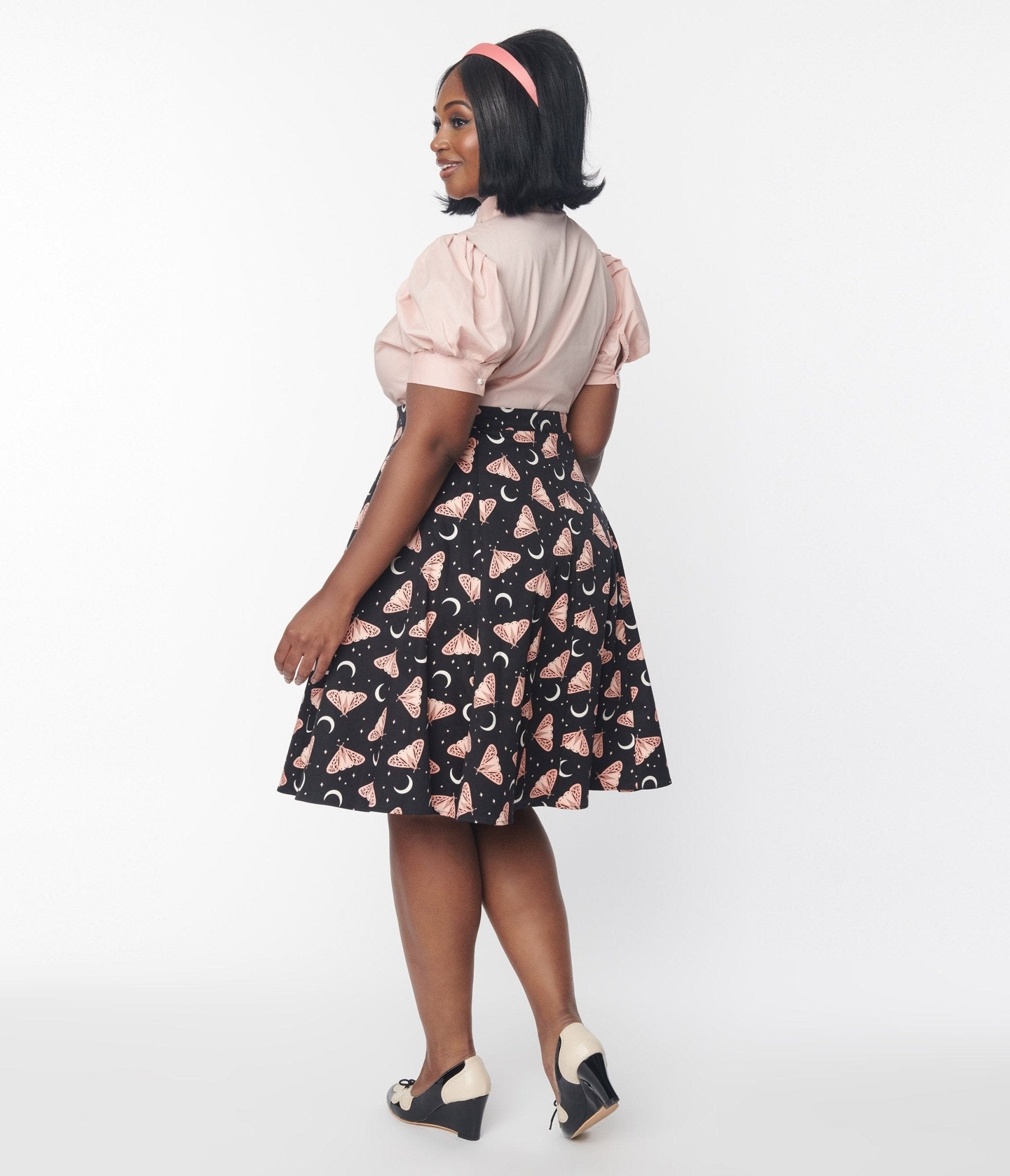 Black Moon & Pink Butterfly Print Flare Skirt - Unique Vintage - Womens, BOTTOMS, SKIRTS
