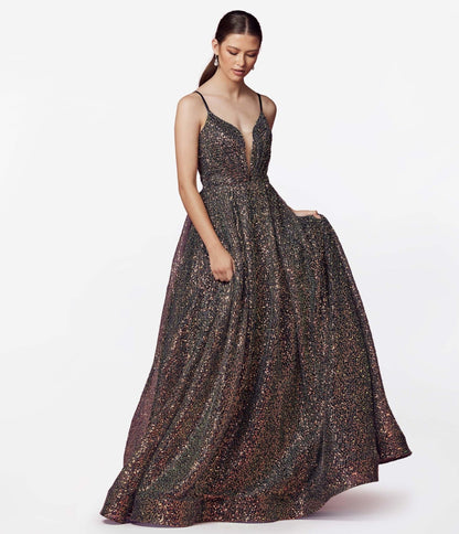 Black & Multi Iridescent Sequin Prom Gown - Unique Vintage - Womens, DRESSES, PROM AND SPECIAL OCCASION