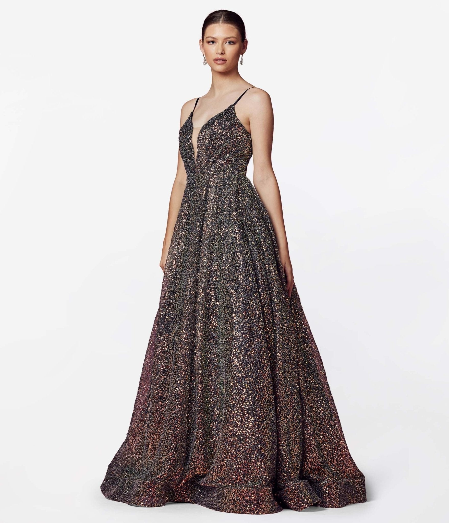 Black & Multi Iridescent Sequin Prom Gown - Unique Vintage - Womens, DRESSES, PROM AND SPECIAL OCCASION
