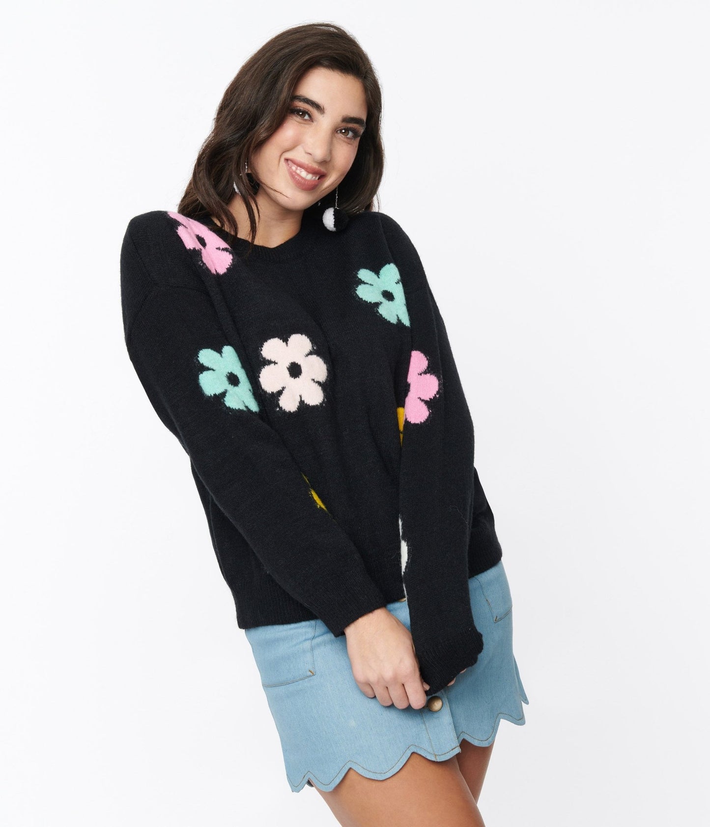 Black & Multicolor Floral Knit Sweater - Unique Vintage - Womens, TOPS, SWEATERS