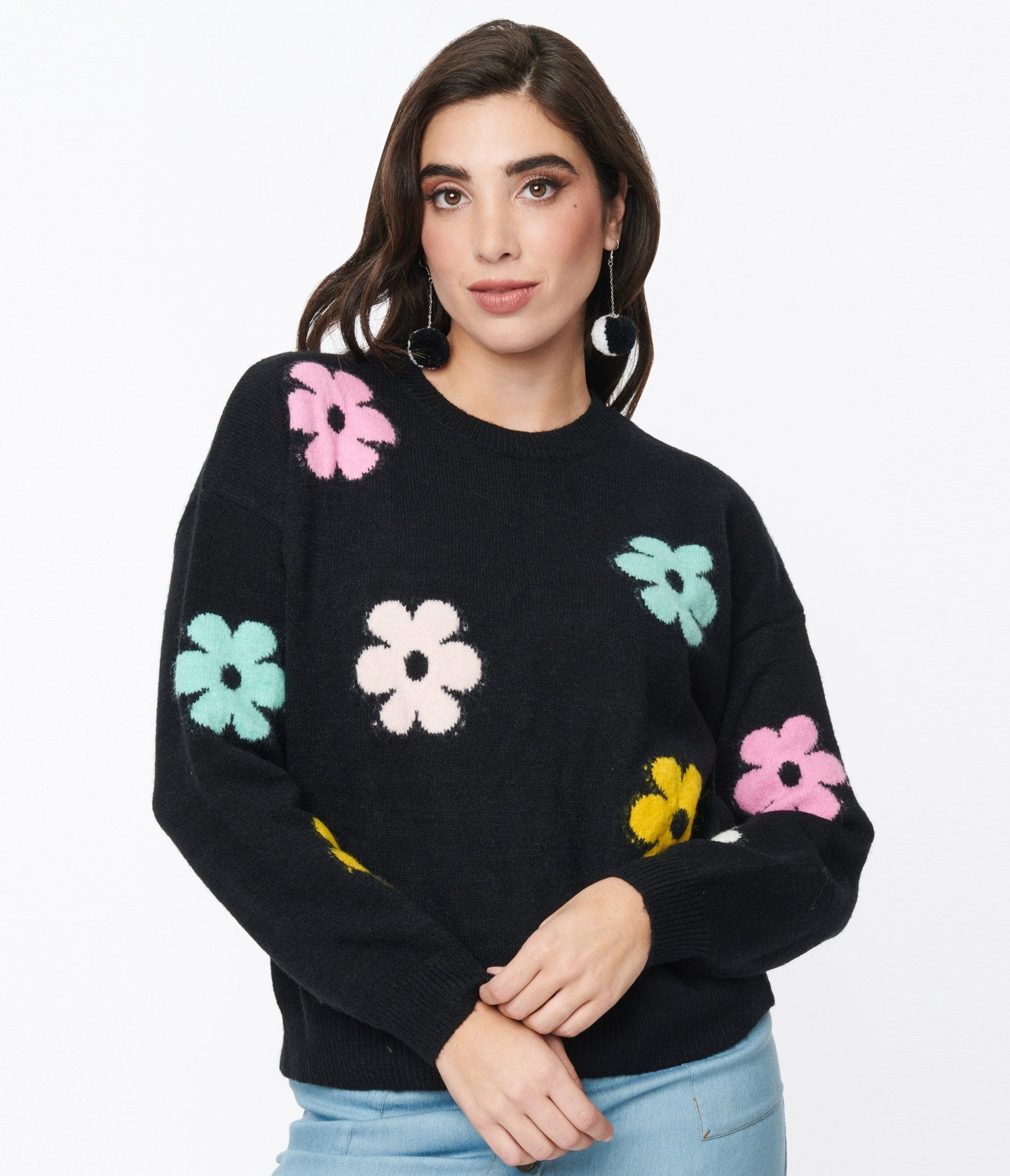 Black & Multicolor Floral Knit Sweater - Unique Vintage - Womens, TOPS, SWEATERS