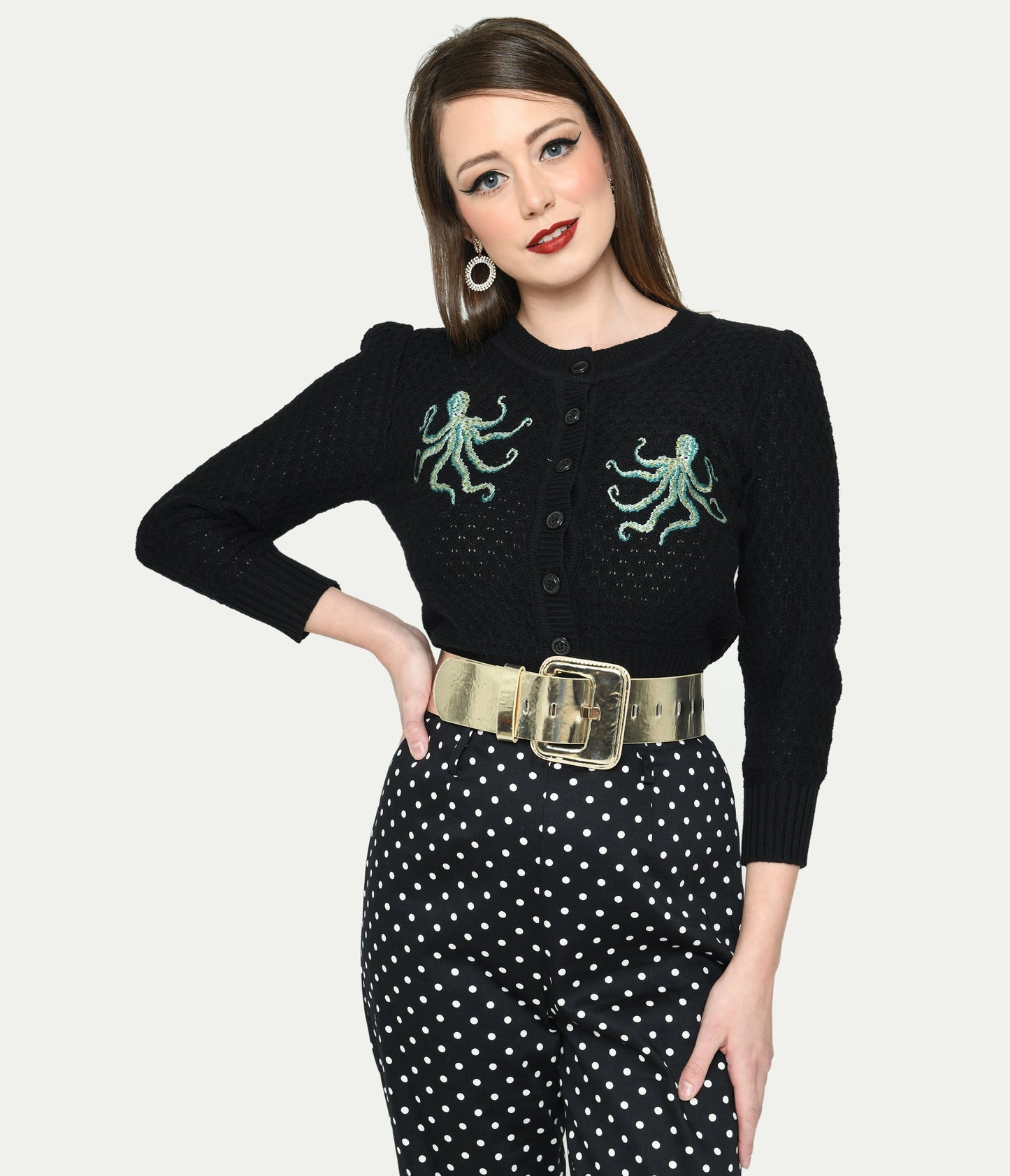 Black & Octopus Cropped Cardigan - Unique Vintage - Womens, TOPS, SWEATERS