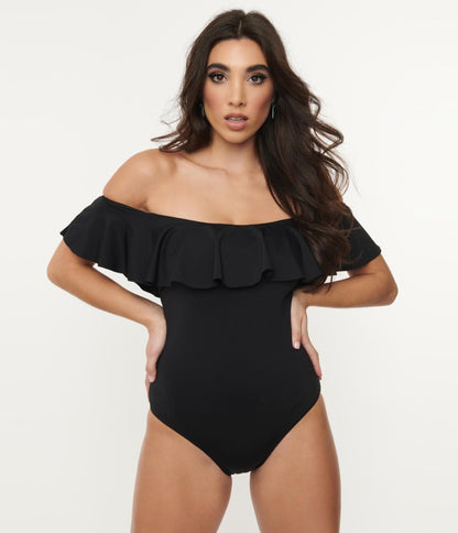 Black Off Shoulder Ruffle Swimsuit - Unique Vintage - Womens, SWIM, 1 PC