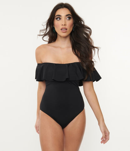 Black Off Shoulder Ruffle Swimsuit - Unique Vintage - Womens, SWIM, 1 PC