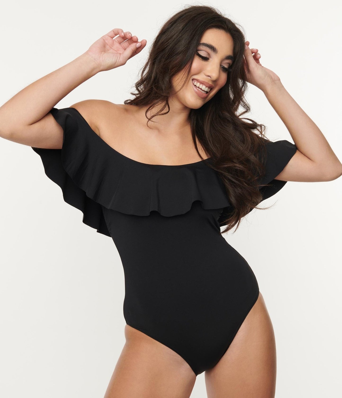 Black Off Shoulder Ruffle Swimsuit - Unique Vintage - Womens, SWIM, 1 PC