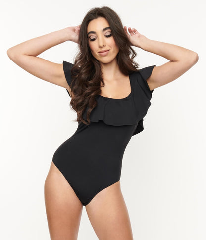 Black Off Shoulder Ruffle Swimsuit - Unique Vintage - Womens, SWIM, 1 PC