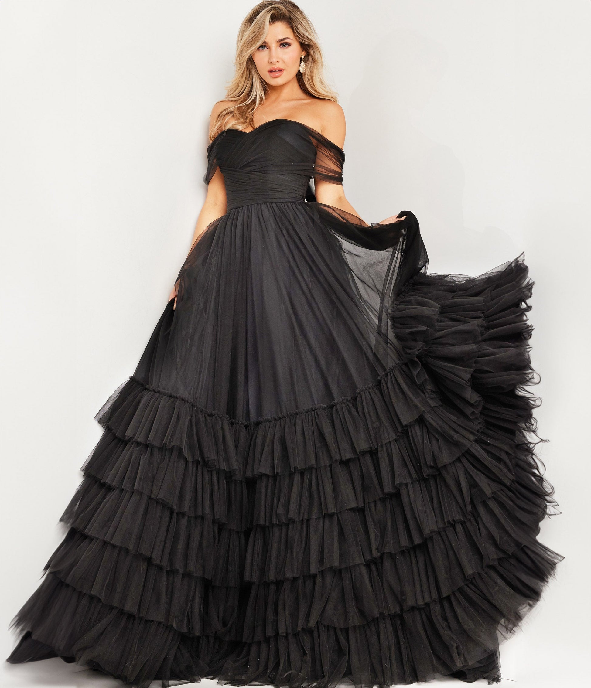 Black Off The Shoulder Ruched Tulle Ballgown - Unique Vintage - Womens, DRESSES, PROM AND SPECIAL OCCASION