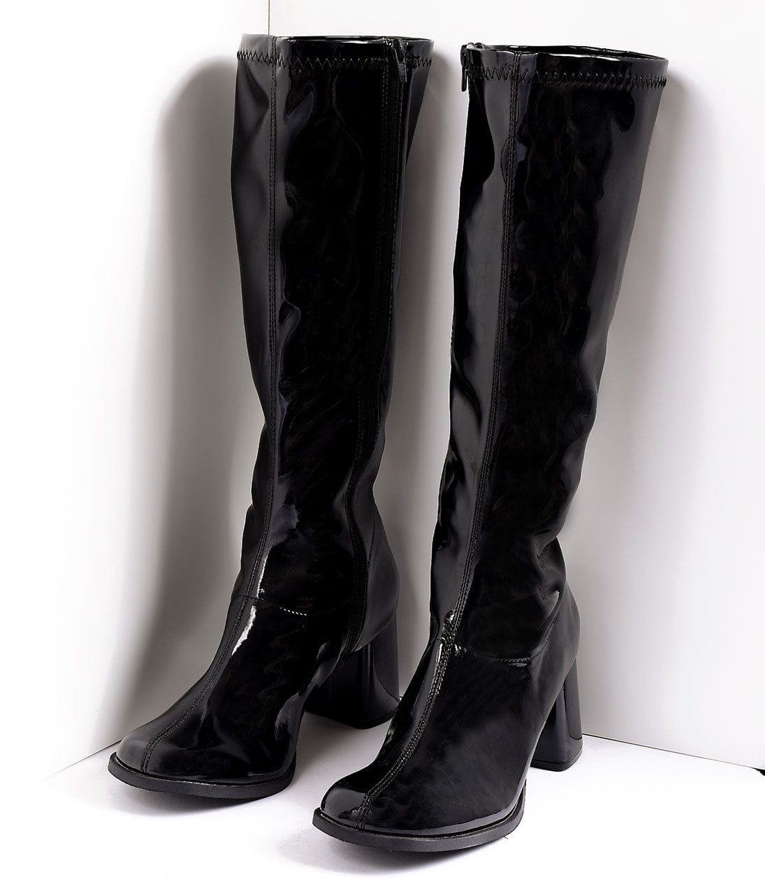 Black Patent Knee High Go Go Boots - Unique Vintage - Womens, SHOES, BOOTS